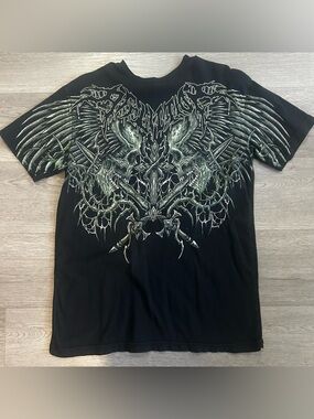 Affliction Black Short Sleeve Tee with Green Skull & Wing Graphic